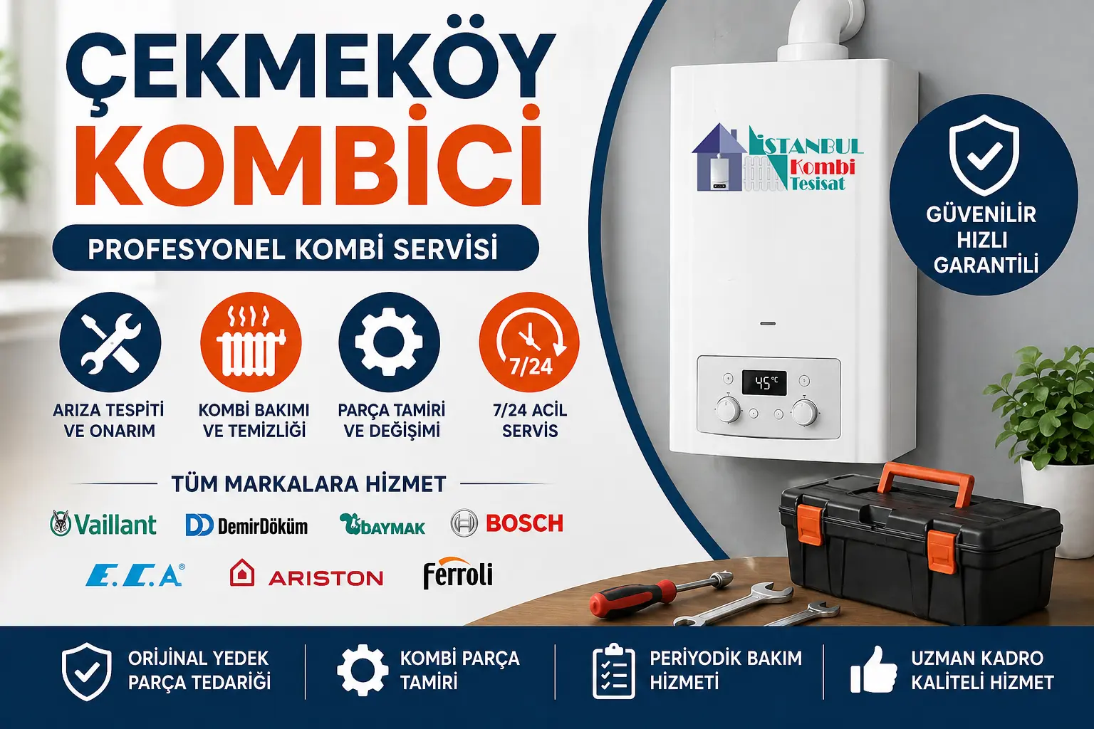 Çekmeköy kombi servisi reklam görseli, kombi bakım, arıza onarım ve parça değişimi hizmetlerini gösteren infografik