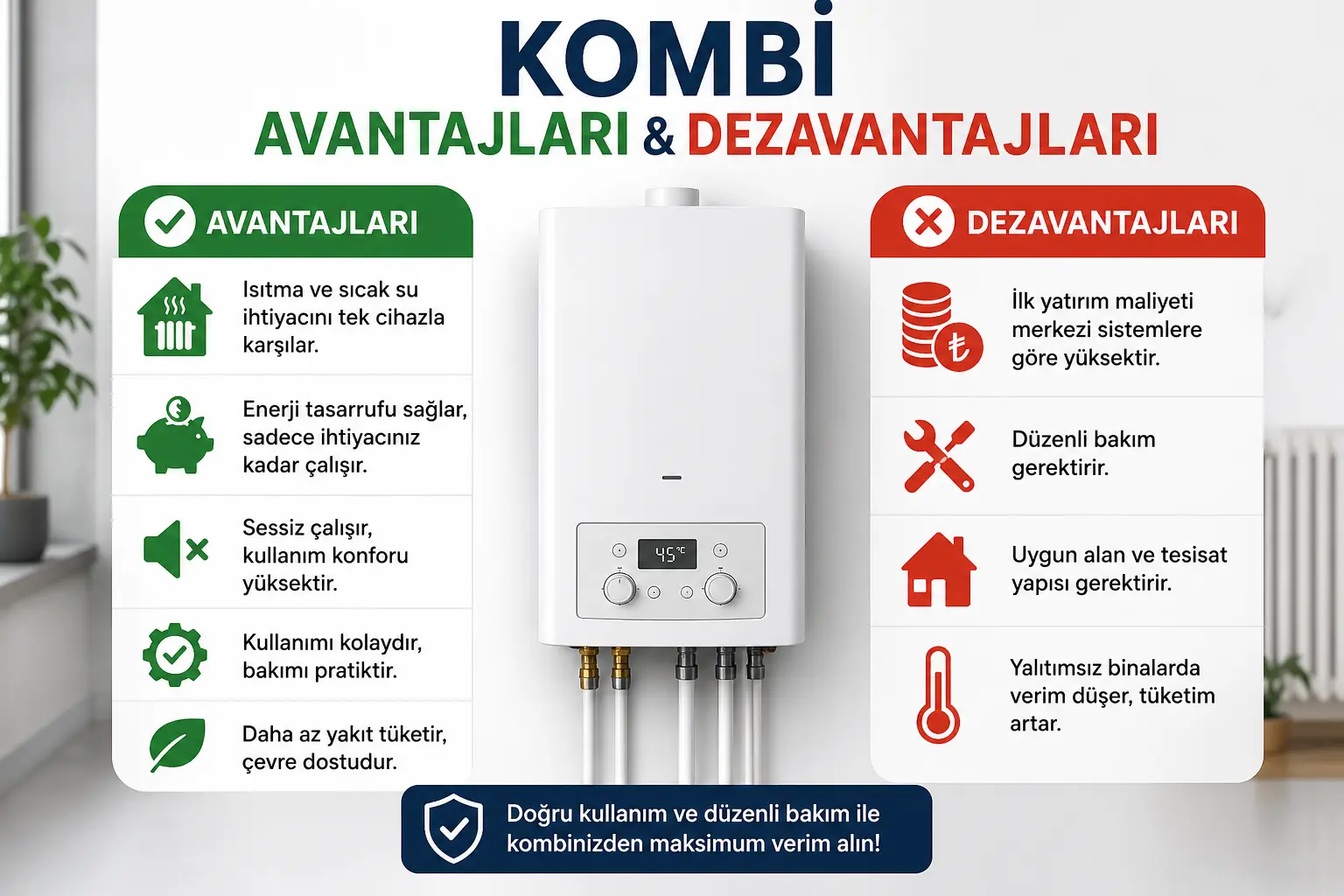 Kombi sistemlerinin avantajları ve dezavantajları sade ve anlaşılır şekilde karşılaştırılmıştır.