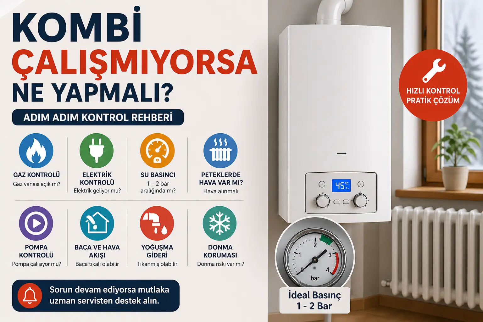 Kombi çalışmama sorununda gaz, elektrik, su basıncı ve petek kontrolünü gösteren infografik
