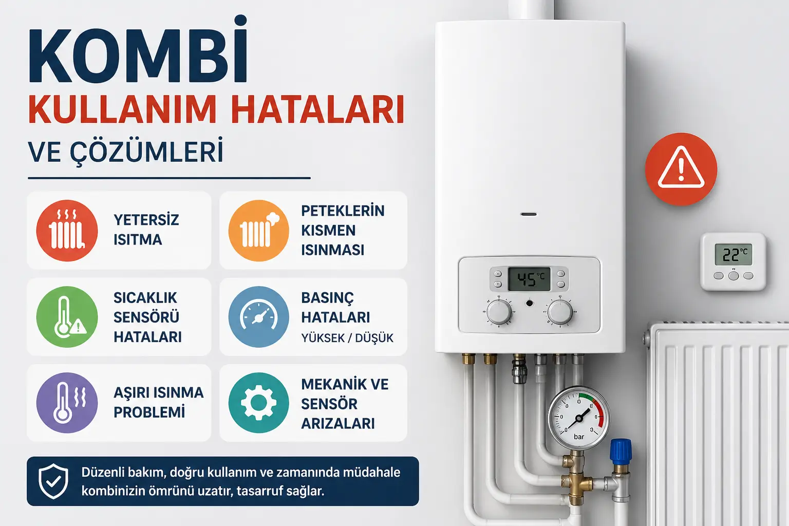 Kombi kullanım hataları, yetersiz ısıtma, basınç sorunları ve sensör arızalarını gösteren teknik infografik