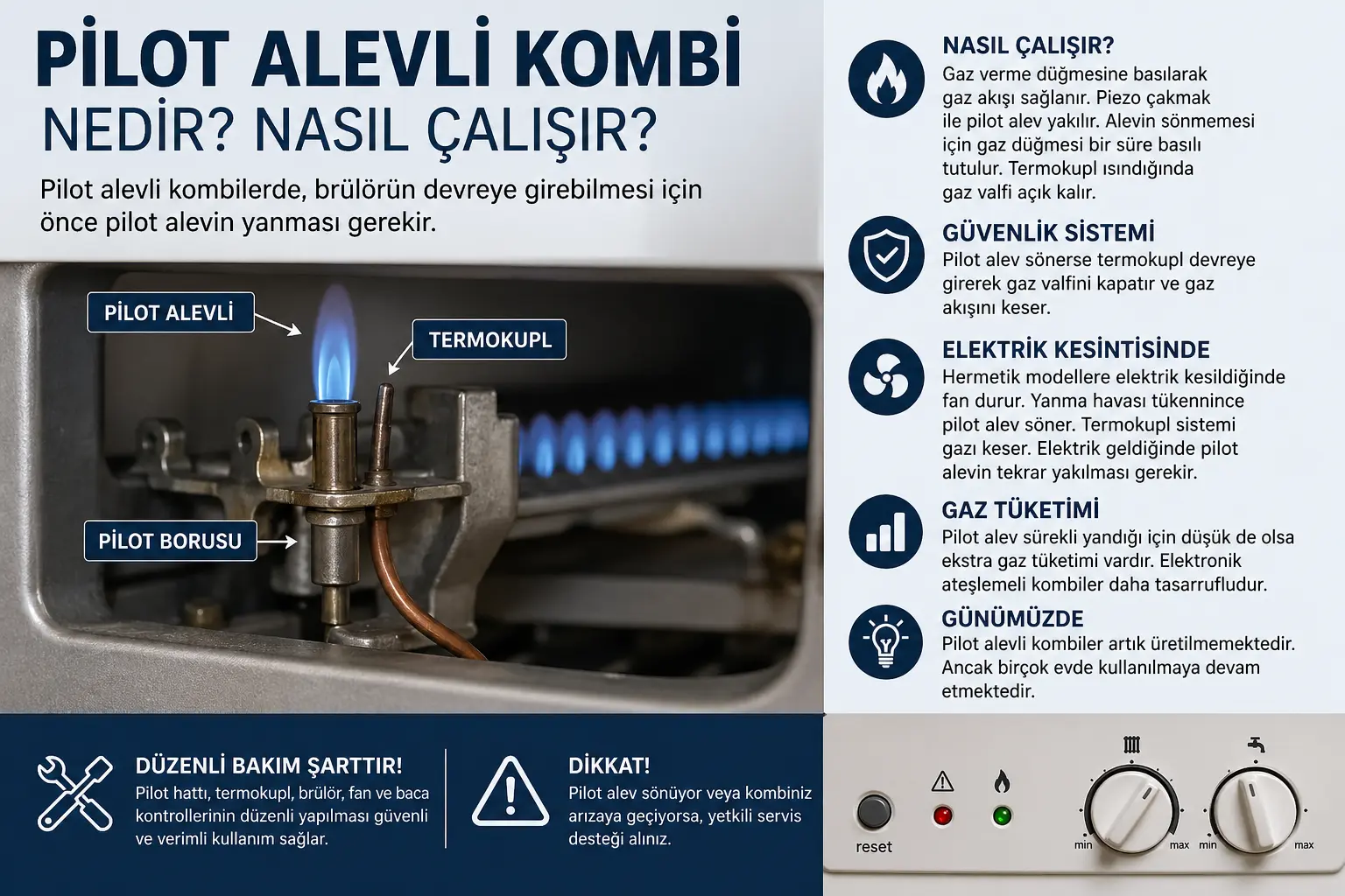 Pilot alevli kombi iç yapısı, termokupl ve pilot borusu gösterimi ile çalışma prensibini anlatan teknik görsel